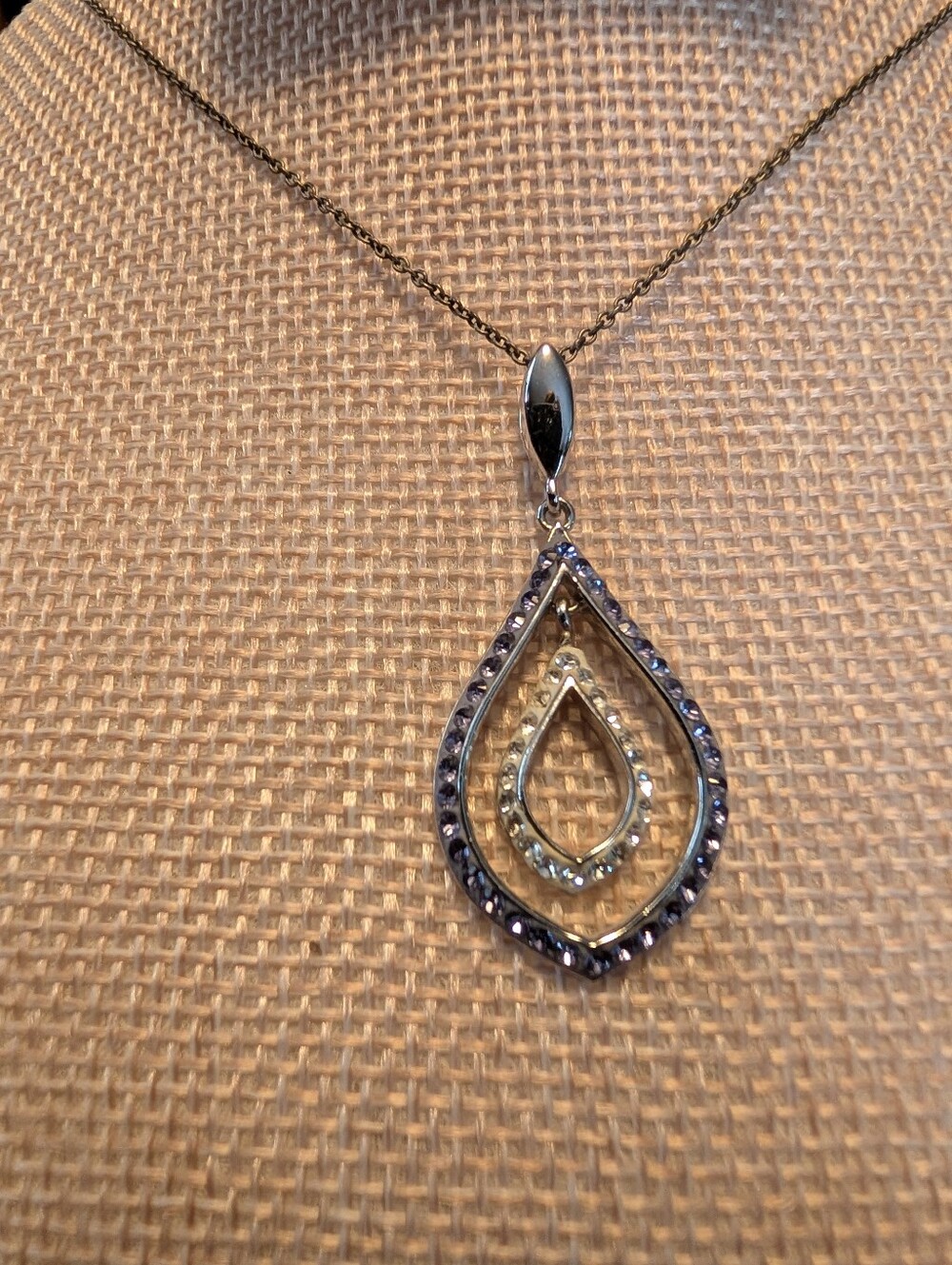 Silver Plated Teardrop Pendant Necklace Blue-Purple and Genuine Crystal Accents